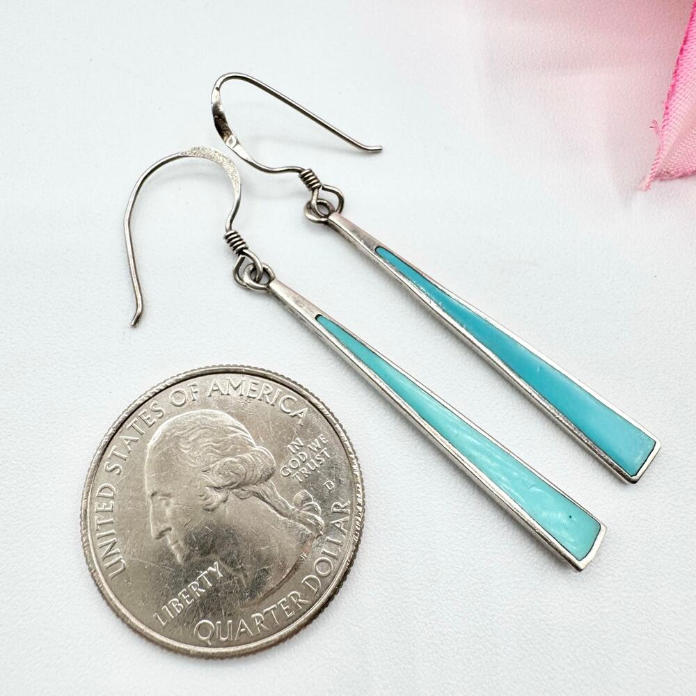 925 Sterling Silver Turquoise Inlay Long Dangle Earrings Southwest Tribal Native - Picture 6 of 10